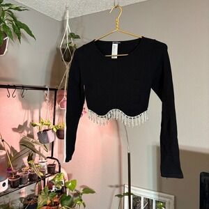 Forever 21 Black Ribbed Long‎ Sleeve Crop Top with Rhinestone Fringe Party M